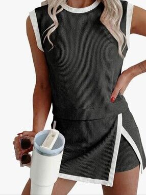 Sleeveless Black Ribbed Two-Piece Set with White Trim